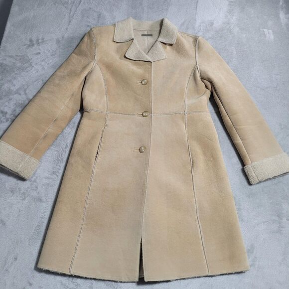 Jackets & Blazers - Guess Coat Womens Small Beige Genuine Leather Shearling Long Overcoat Lined